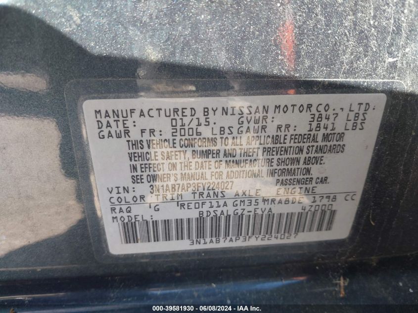 2015 Nissan Sentra Sl VIN: 3N1AB7AP3FY224027 Lot: 39581930