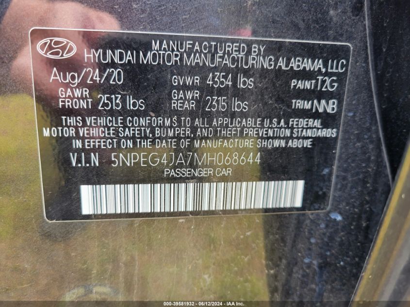 2021 Hyundai Sonata VIN: 5NPEG4JA7MH068644 Lot: 39581932