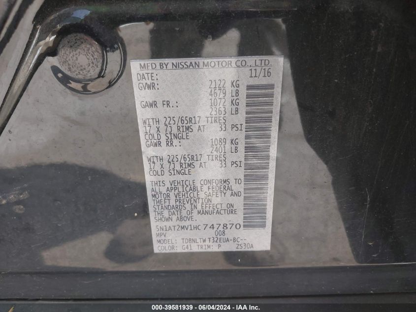 5N1AT2MV1HC747870 2017 Nissan Rogue Sv