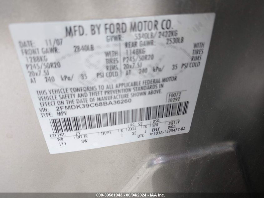 2008 Ford Edge Limited VIN: 2FMDK39C68BA36260 Lot: 39581943