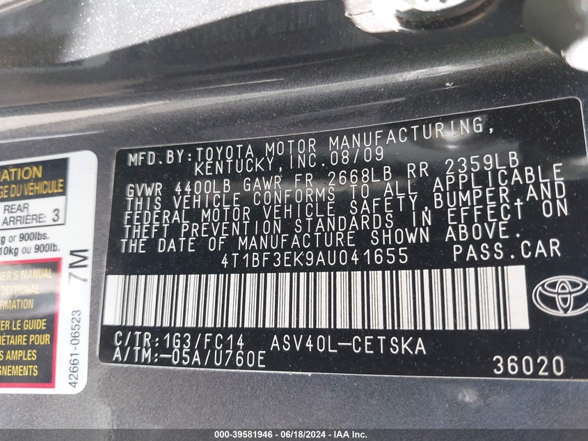 2010 Toyota Camry Se VIN: 4T1BF3EK9AU041655 Lot: 39581946