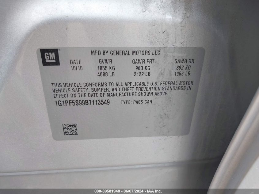 2011 Chevrolet Cruze 1Lt VIN: 1G1PF5S99B7113549 Lot: 39581948