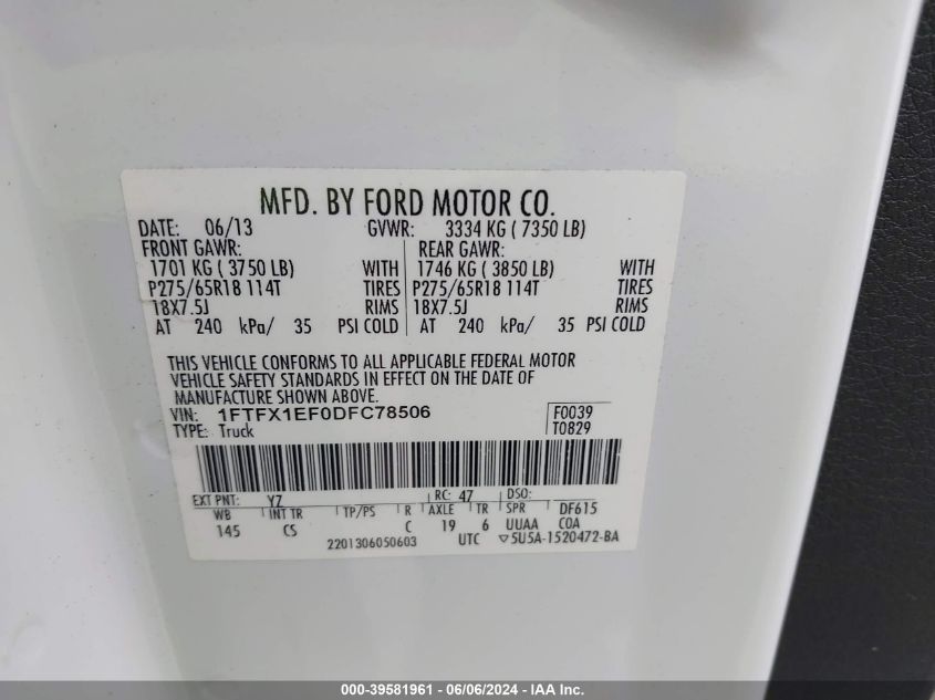 2013 Ford F-150 Stx VIN: 1FTFX1EF0DFC78506 Lot: 39581961