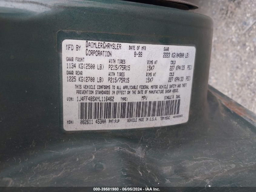 2000 Jeep Cherokee Sport VIN: 1J4FF48SXYL116462 Lot: 39581980