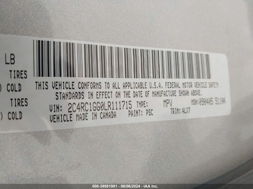 2020 Chrysler Pacifica Limited VIN: 2C4RC1GG0LR111715 Lot: 39581981