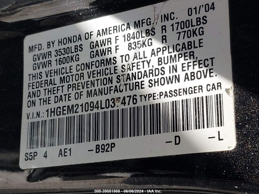 2004 Honda Civic Ex VIN: 1HGEM21094L037476 Lot: 39581988