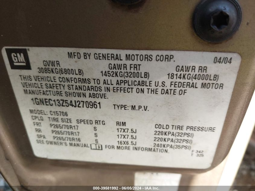 2004 Chevrolet Tahoe Lt VIN: 1GNEC13Z54J270961 Lot: 39581992