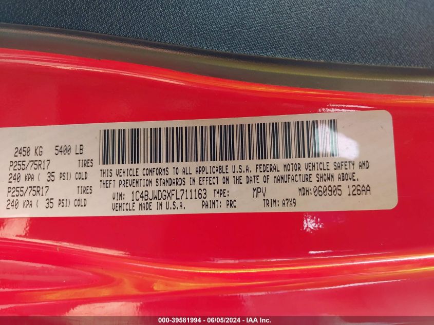 2015 Jeep Wrangler Unlimited Sport VIN: 1C4BJWDGXFL711163 Lot: 39581994