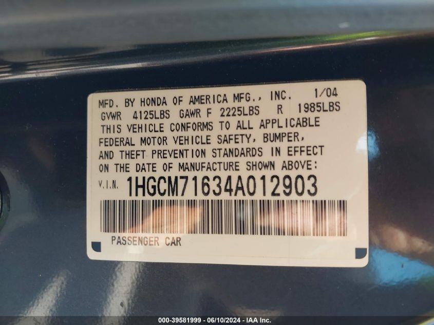 2004 Honda Accord 2.4 Ex VIN: 1HGCM71634A012903 Lot: 39581999