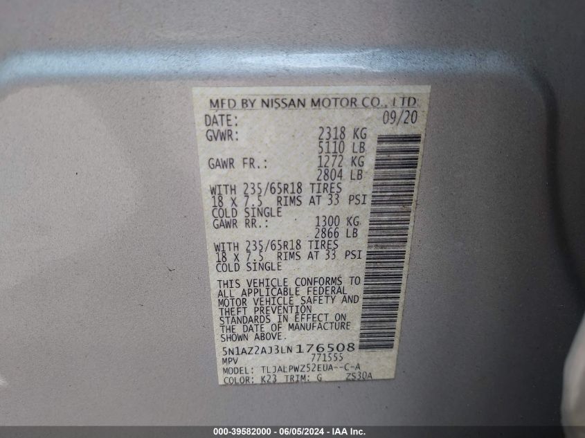 2020 Nissan Murano S Fwd VIN: 5N1AZ2AJ3LN176508 Lot: 39582000
