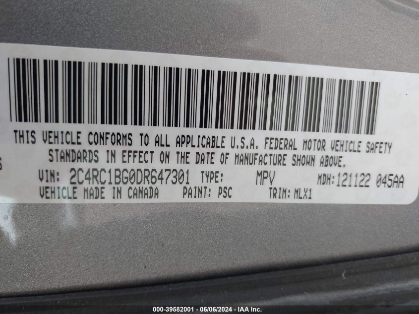 2013 Chrysler Town & Country Touring VIN: 2C4RC1BG0DR647301 Lot: 39582001