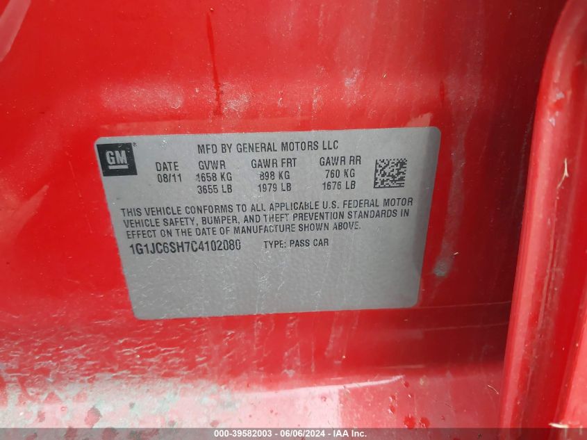 2012 Chevrolet Sonic 2Lt VIN: 1G1JC6SH7C4102080 Lot: 39582003