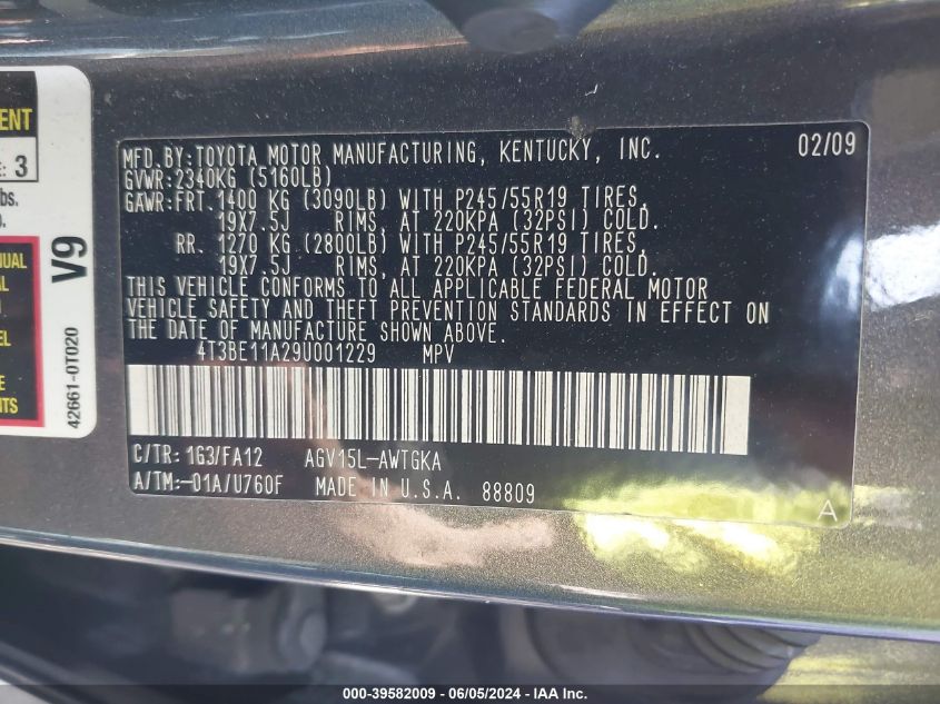 2009 Toyota Venza VIN: 4T3BE11A29U001229 Lot: 39582009