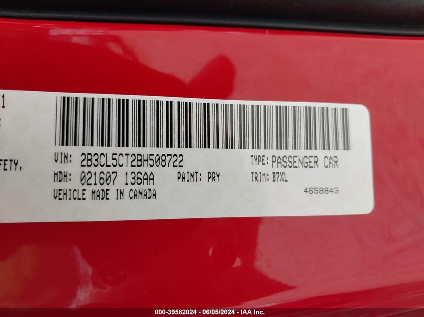 2011 Dodge Charger R/T VIN: 2B3CL5CT2BH508722 Lot: 39582024