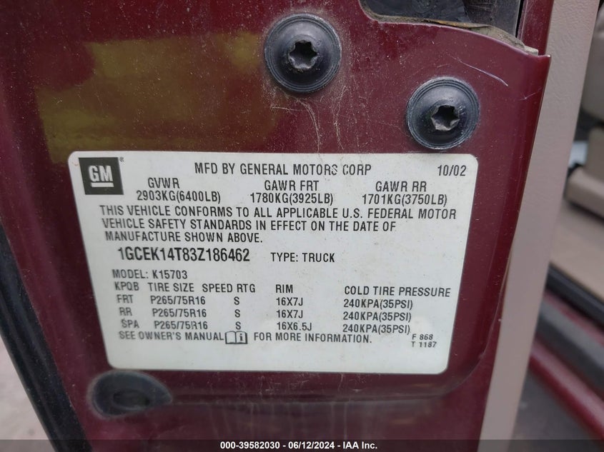 2003 Chevrolet Silverado 1500 Ls VIN: 1GCEK14T83Z186462 Lot: 39582030