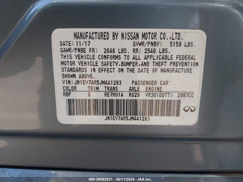 2018 Infiniti Q50 3.0T Luxe VIN: JN1EV7AR5JM441293 Lot: 39582031