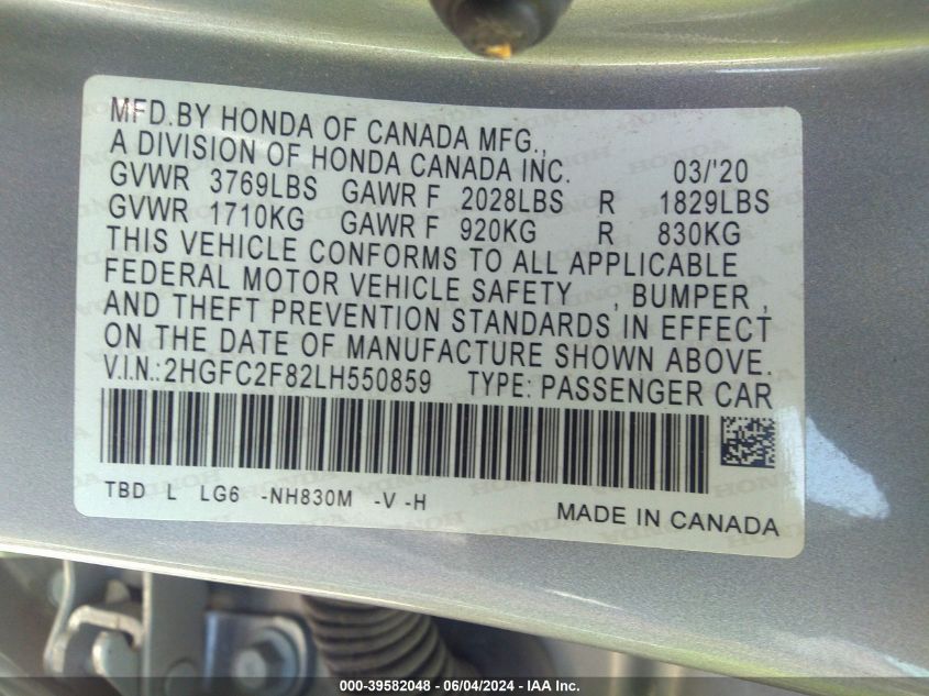 2020 Honda Civic Sport VIN: 2HGFC2F82LH550859 Lot: 39582048