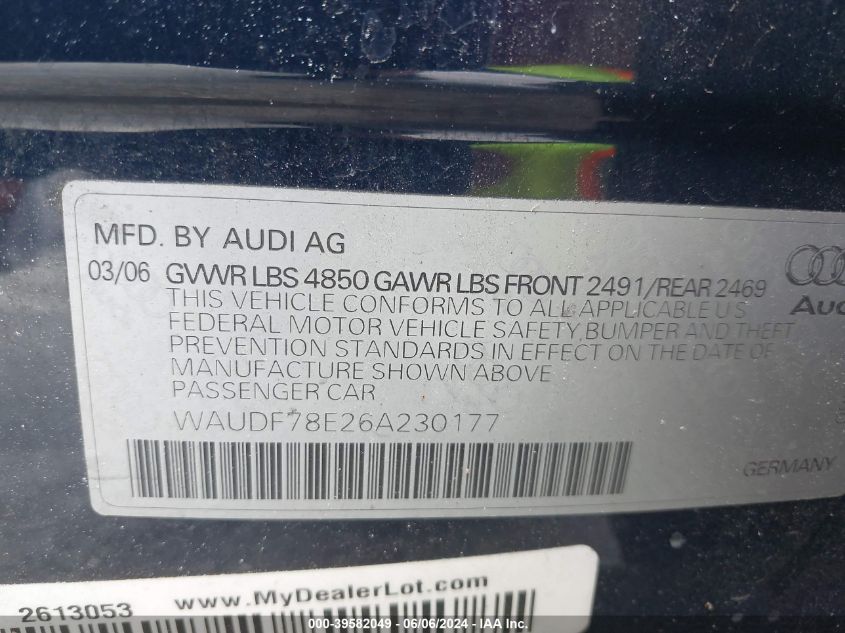 2006 Audi A4 2.0T VIN: WAUDF78E26A230177 Lot: 39582049