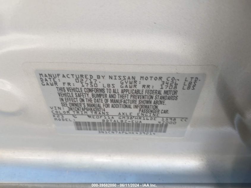 2017 Nissan Versa 1.6 Sv VIN: 3N1CN7AP6HK439214 Lot: 39582050