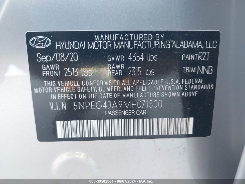 2021 Hyundai Sonata Se VIN: 5NPEG4JA9MH071500 Lot: 39582061