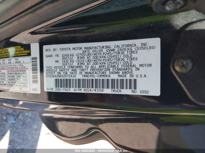 2005 Toyota Tacoma VIN: 5TEUX42N85Z072410 Lot: 39582063