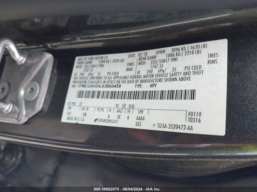 2018 Ford Escape Sel VIN: 1FMCU0HD4JUB60459 Lot: 39582070