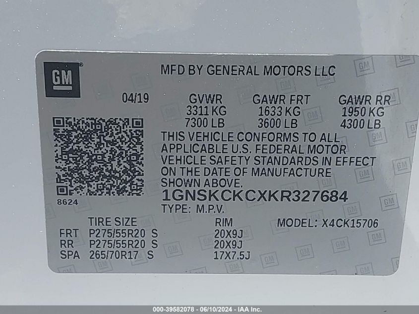 1GNSKCKCXKR327684 2019 Chevrolet Tahoe Premier