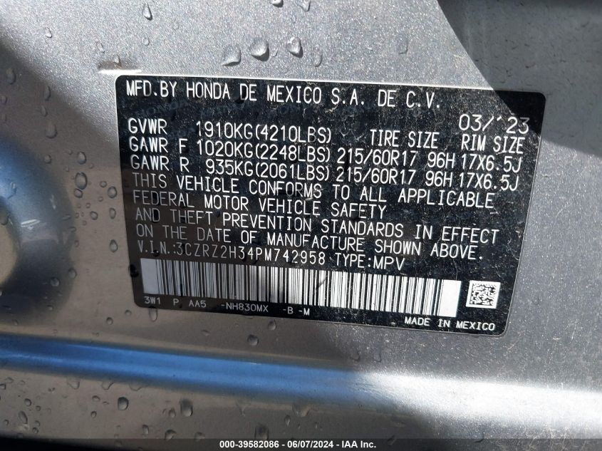 2023 Honda Hr-V Awd Lx VIN: 3CZRZ2H34PM742958 Lot: 39582086