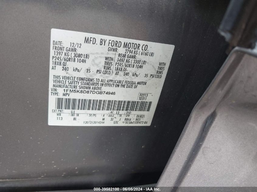 2013 Ford Explorer Xlt VIN: 1FM5K8D87DGB74946 Lot: 39582100