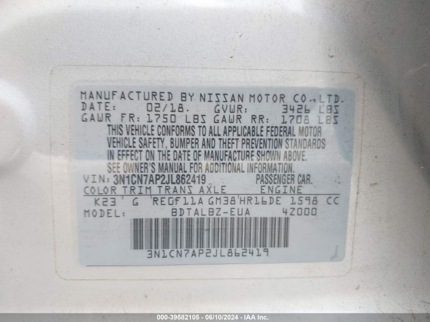 2018 Nissan Versa 1.6 Sv VIN: 3N1CN7AP2JL862419 Lot: 39582105