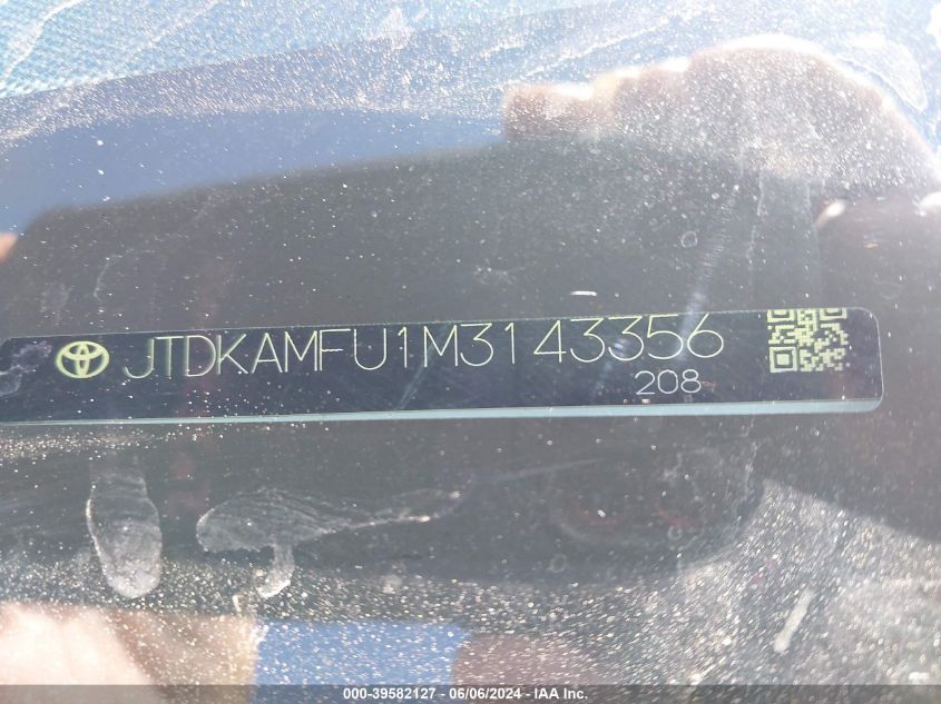 2021 Toyota Prius Le VIN: JTDKAMFU1M3143356 Lot: 39582127