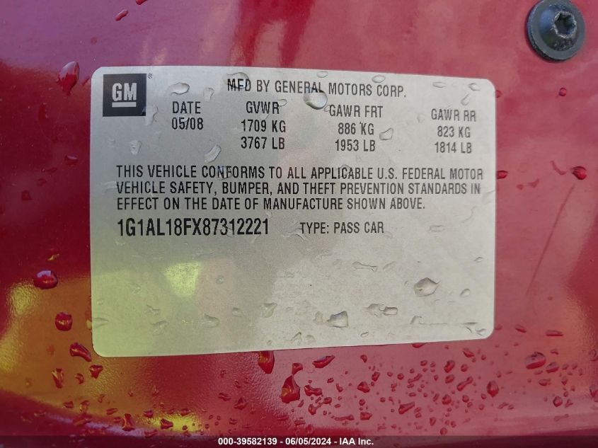 2008 Chevrolet Cobalt Lt VIN: 1G1AL18FX87312221 Lot: 39582139