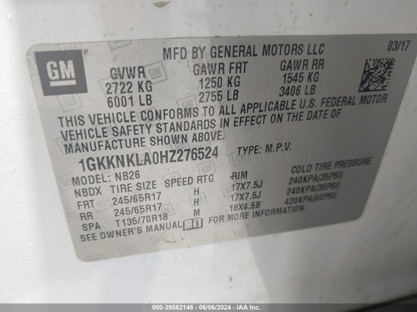 2017 GMC Acadia Sle-1 VIN: 1GKKNKLA0HZ276524 Lot: 39582146