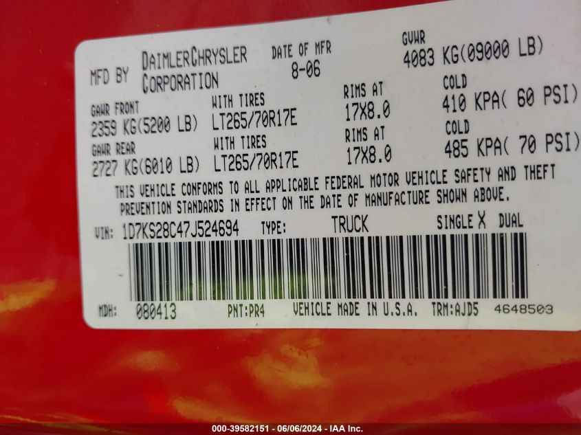 2007 Dodge Ram 2500 Slt/Trx4 Off Road/Sport/Power Wagon VIN: 1D7KS28C47J524694 Lot: 39582151