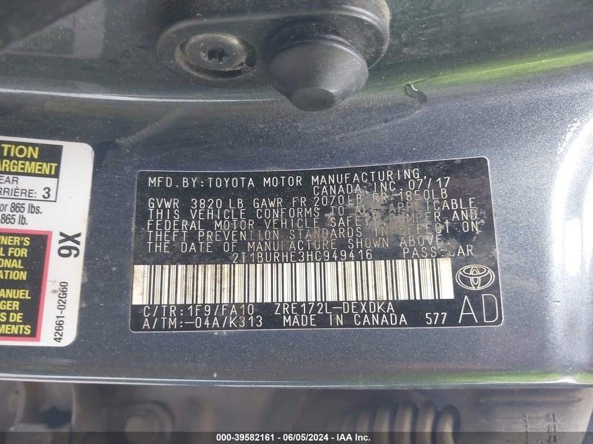 2017 Toyota Corolla L VIN: 2T1BURHE3HC949416 Lot: 39582161