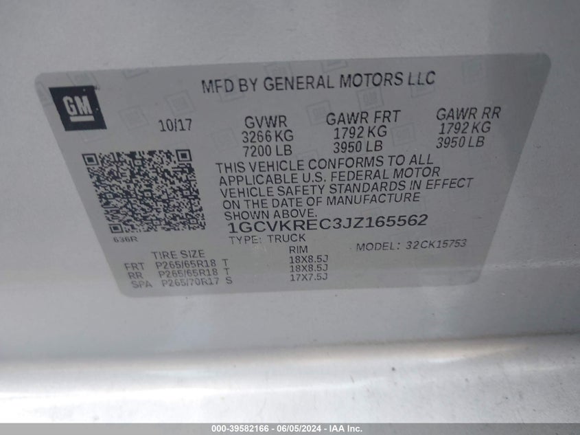 2018 Chevrolet Silverado 1500 1Lt VIN: 1GCVKREC3JZ165562 Lot: 39582166