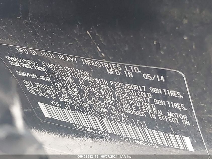 2015 Subaru Forester 2.5I VIN: JF2SJABC6FH445101 Lot: 39582178