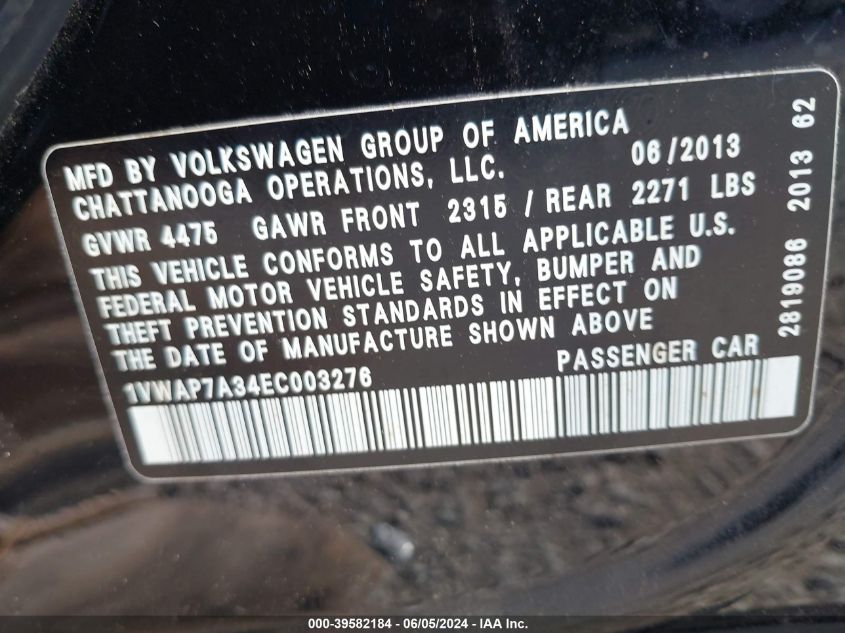 2014 Volkswagen Passat 2.5L S VIN: 1VWAP7A34EC003276 Lot: 39582184