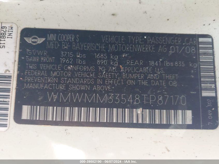 2008 Mini Cooper S Clubman VIN: WMWMM33548TP87170 Lot: 39582190