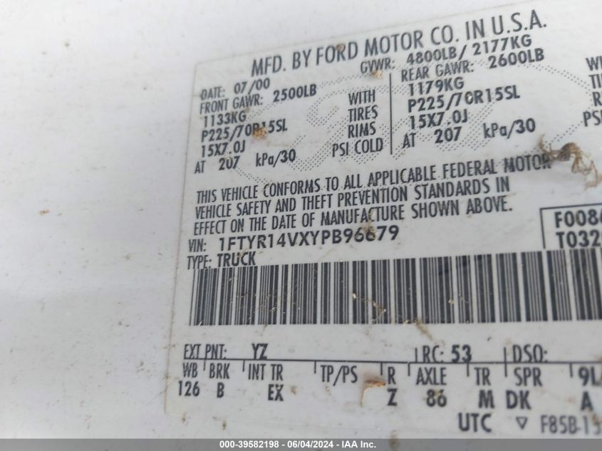 2000 Ford Ranger Xl/Xlt VIN: 1FTYR14VXYPB96679 Lot: 39582198