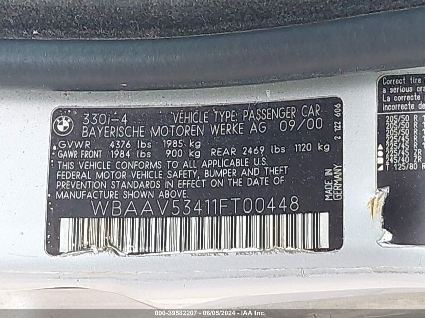 2001 BMW 330I VIN: WBAAV53411FT00448 Lot: 39582207