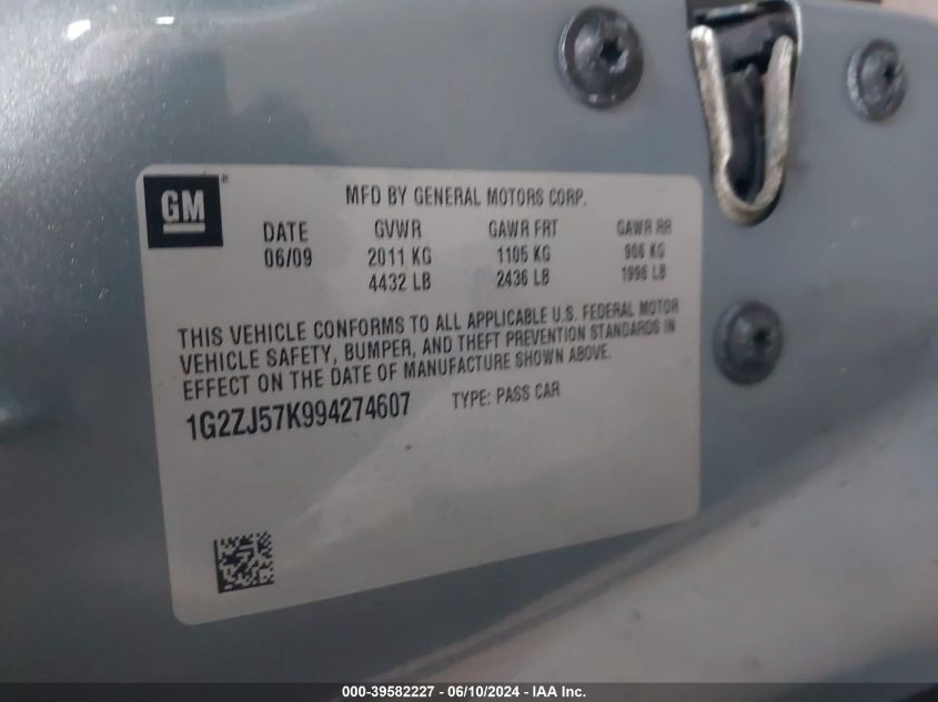 2009 Pontiac G6 New Se VIN: 1G2ZJ57K994274607 Lot: 39582227