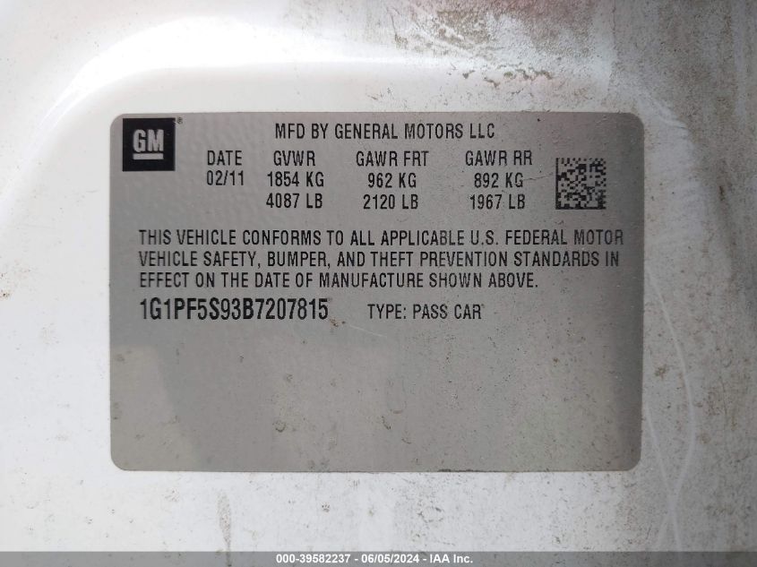 2011 Chevrolet Cruze 1Lt VIN: 1G1PF5S93B7207815 Lot: 39582237