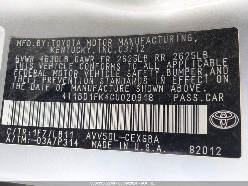 2012 Toyota Camry Hybrid Xle VIN: 4T1BD1FK4CU020918 Lot: 39582248