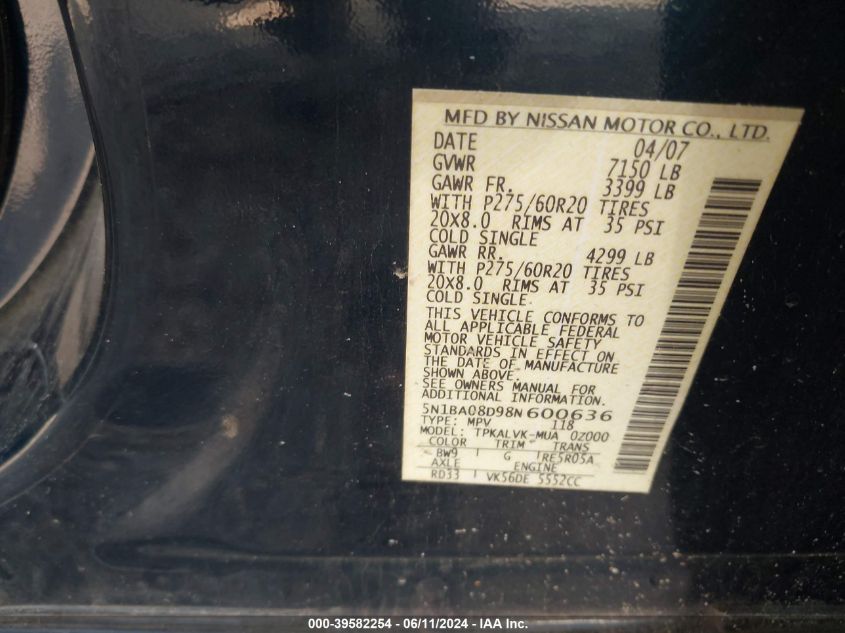 2008 Nissan Armada Le VIN: 5N1BA08D98N600636 Lot: 39582254