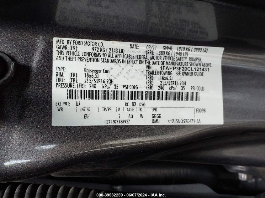 2012 Ford Focus Se VIN: 1FAHP3F23CL121431 Lot: 39582259