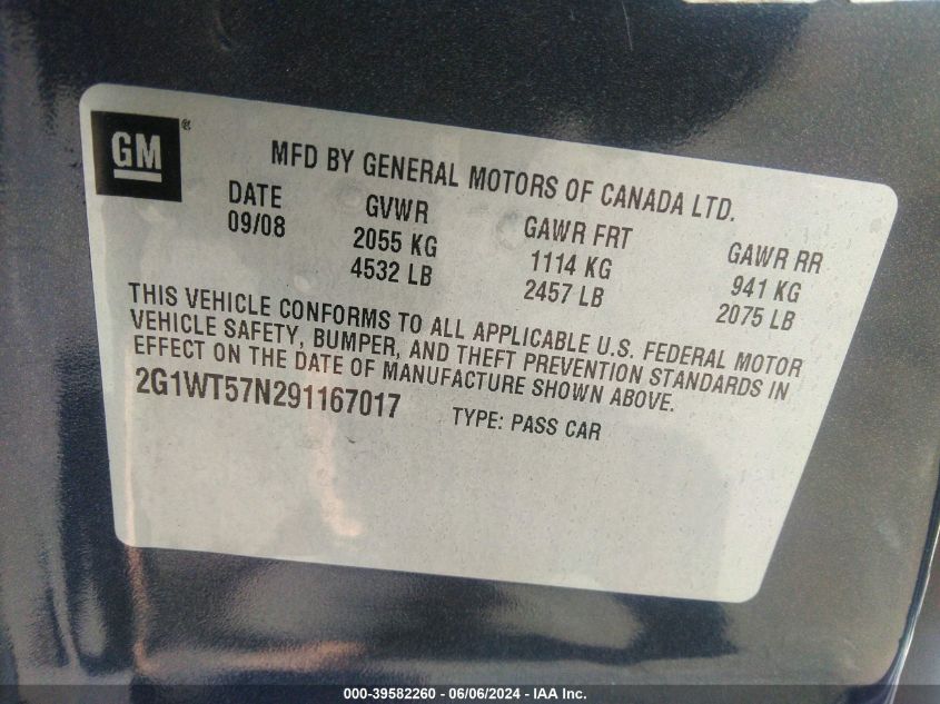 2009 Chevrolet Impala Lt VIN: 2G1WT57N291167017 Lot: 39582260