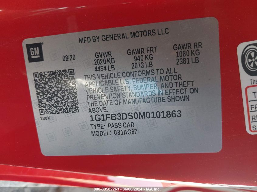 2021 Chevrolet Camaro Rwd 1Lt VIN: 1G1FB3DS0M0101863 Lot: 39582263