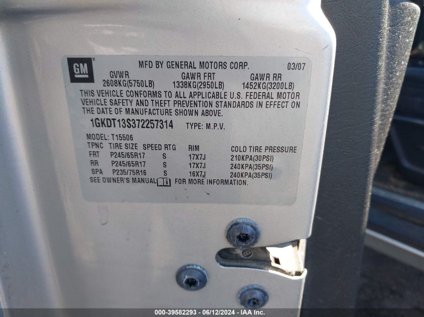 2007 GMC Envoy Sle VIN: 1GKDT13S372257314 Lot: 39582293