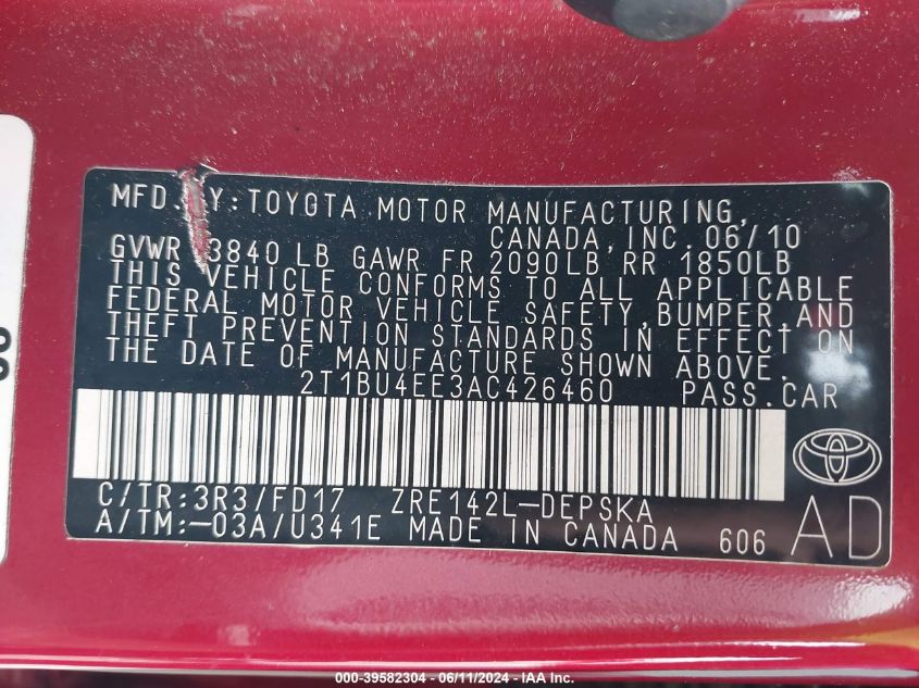 2010 Toyota Corolla S VIN: 2T1BU4EE3AC426460 Lot: 39582304